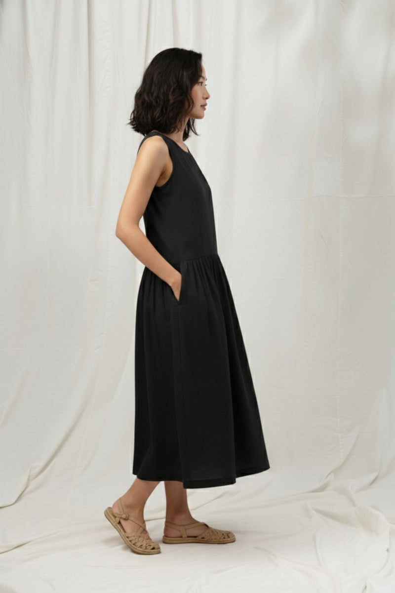 SUSAN BLACK DRESS organic cotton gauge by Doodlage in black color for women in Singapore