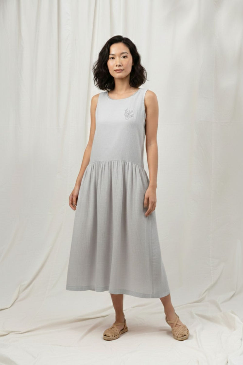 SUSAN GREY DRESS organic cotton gauge by Doodlage in blue color for women in Singapore