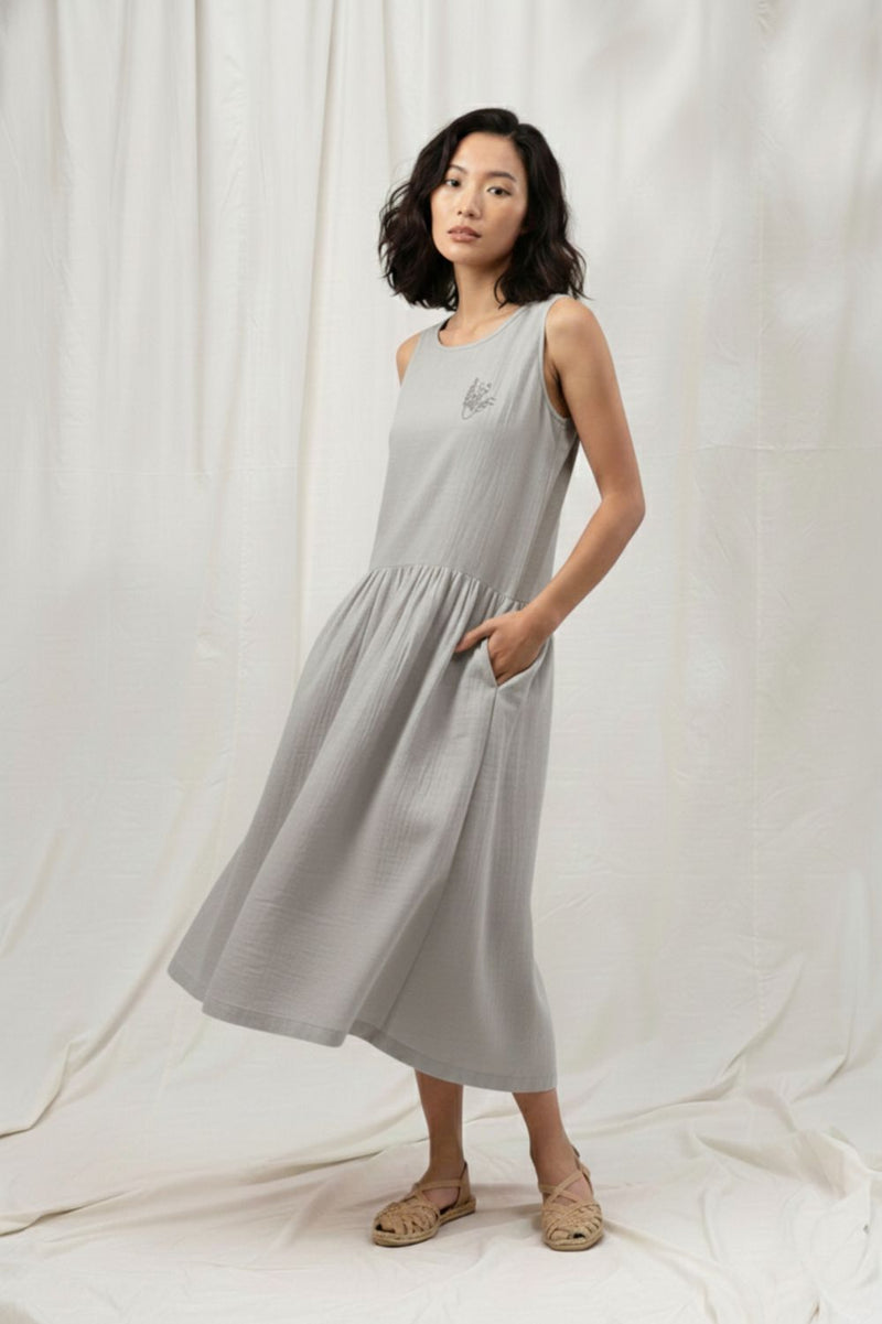 SUSAN GREY DRESS organic cotton gauge by Doodlage in blue color for women in Singapore