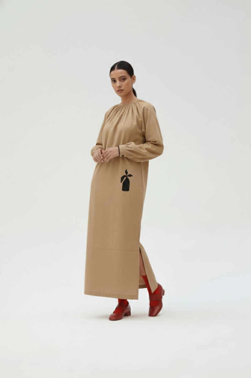 ASTRID BEIGE DRESS upcycled cotton by Doodlage in beige color for women in Singapore