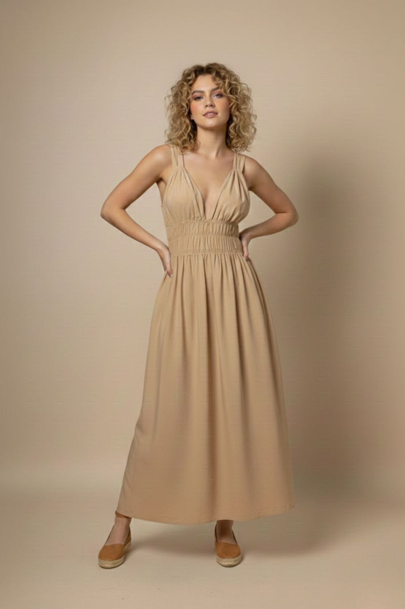 AUGUST BEIGE DRESS upcycled cotton by Doodlage in beige color for women in Singapore