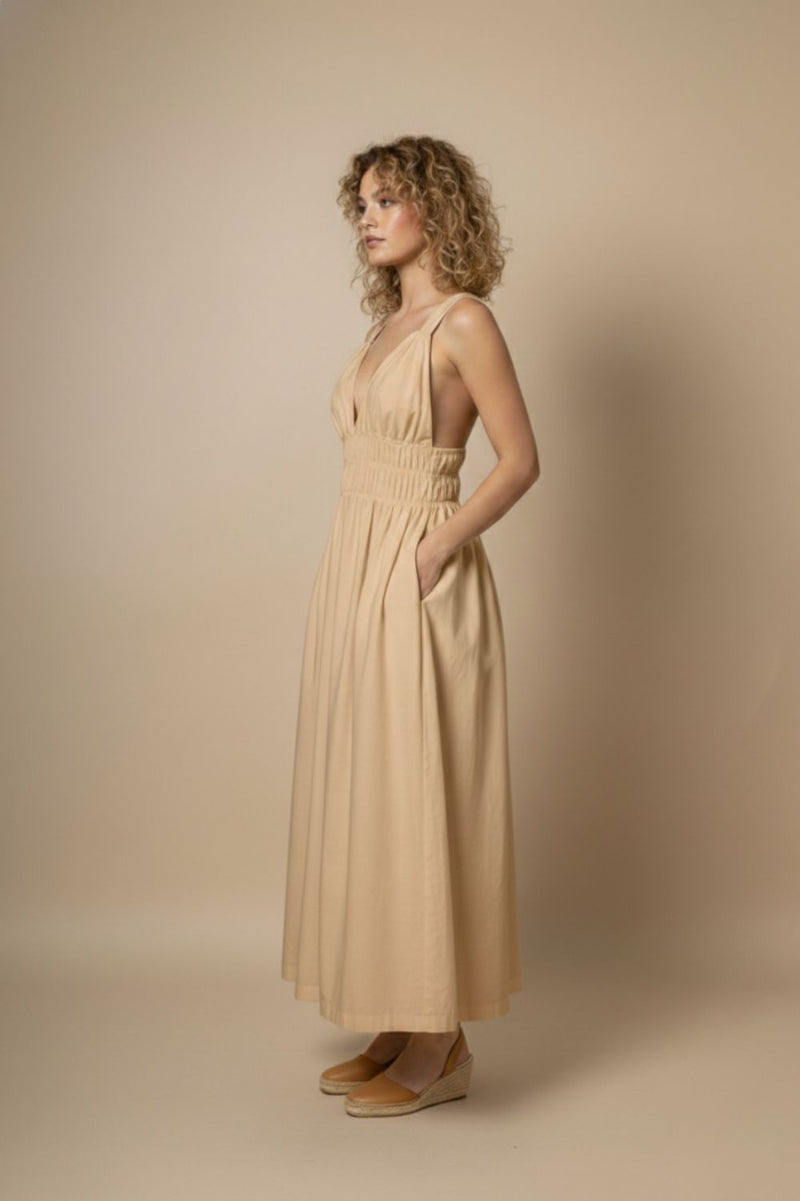 AUGUST BEIGE DRESS upcycled cotton by Doodlage in beige color for women in Singapore