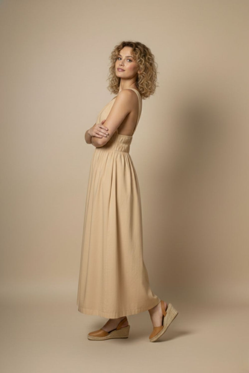 AUGUST BEIGE DRESS upcycled cotton by Doodlage in beige color for women in Singapore