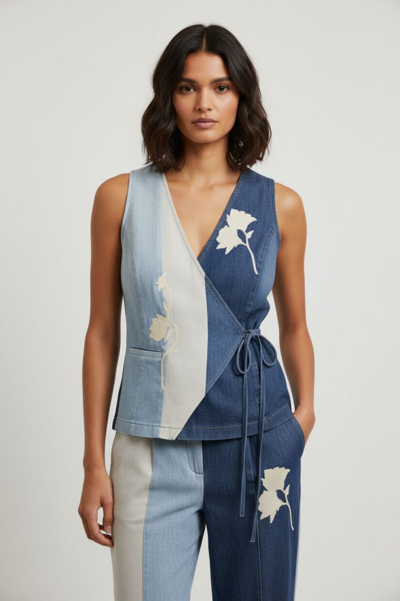 Sylvia Denim Panelled Waistcoat denim jacket and overlays by Doodlage in blue for women in Singapore