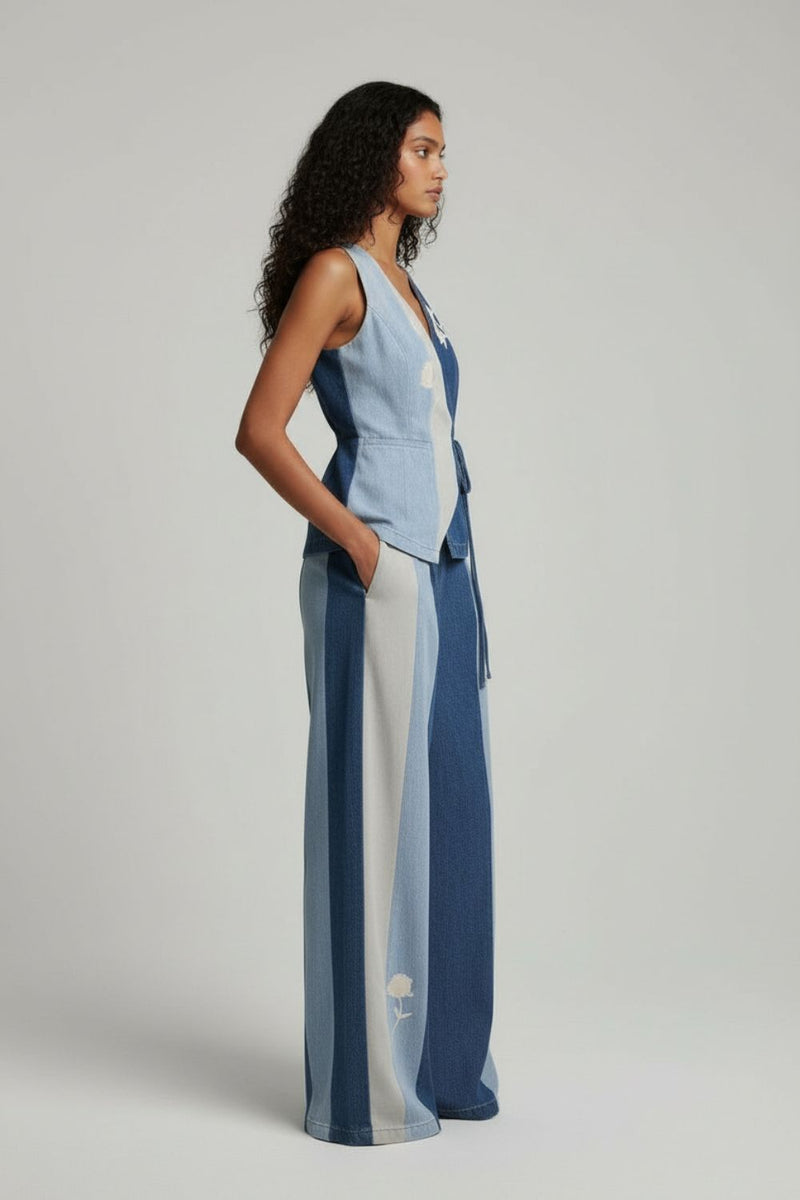 Sylvia Denim Panelled Waistcoat denim jacket and overlays by Doodlage in blue for women in Singapore