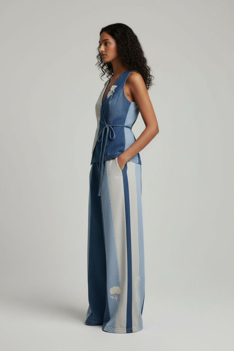 Sylvia Denim Panelled Waistcoat denim jacket and overlays by Doodlage in blue for women in Singapore