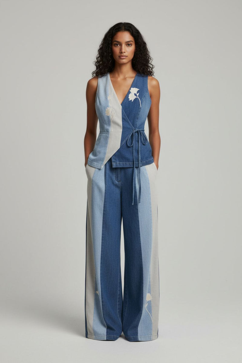 Sylvia Denim Panelled Waistcoat denim jacket and overlays by Doodlage in blue for women in Singapore