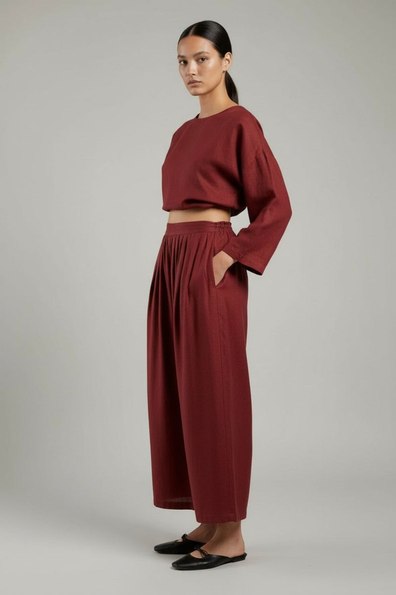Aurora Maroon Pants linen by Doodlage for women in Singapore