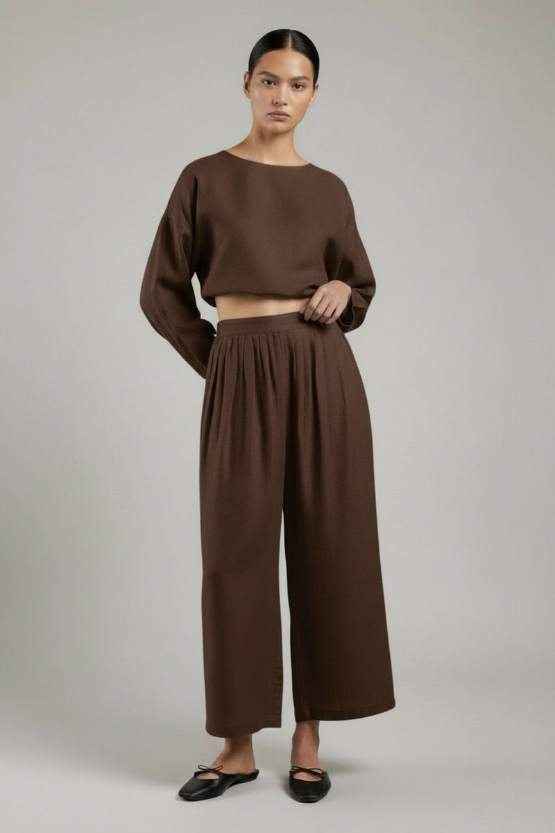 Aurora Brown Pants linen by Doodlage in brown color for women in Singapore