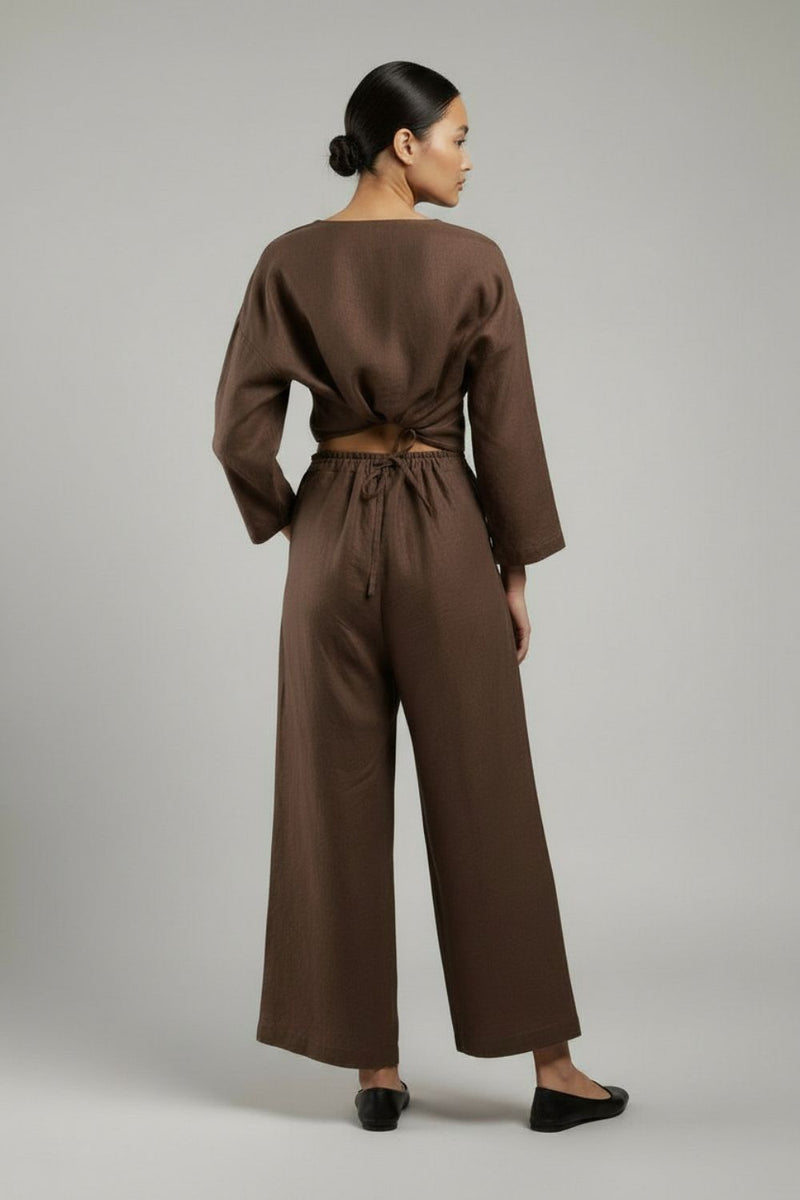 Aurora Brown Pants linen by Doodlage in brown color for women in Singapore