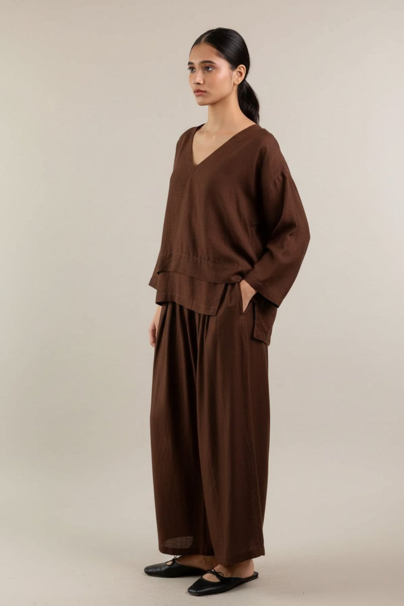 Aurora Brown Pants linen by Doodlage in brown color for women in Singapore