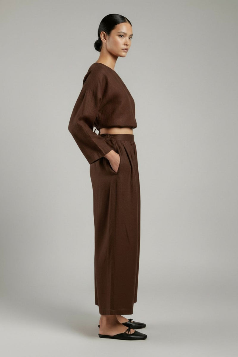 Aurora Brown Pants linen by Doodlage in brown color for women in Singapore