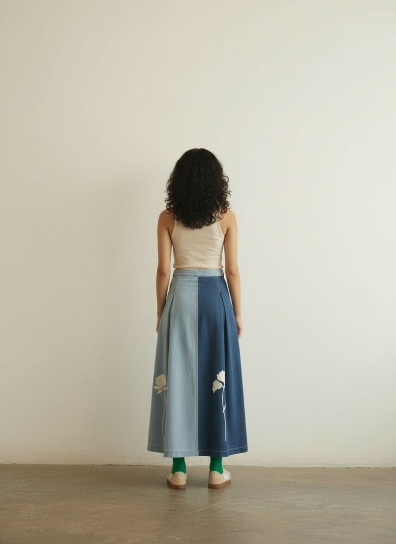 Judy Denim Panelled Skirt by Doodlage in blue color for women in Singapore