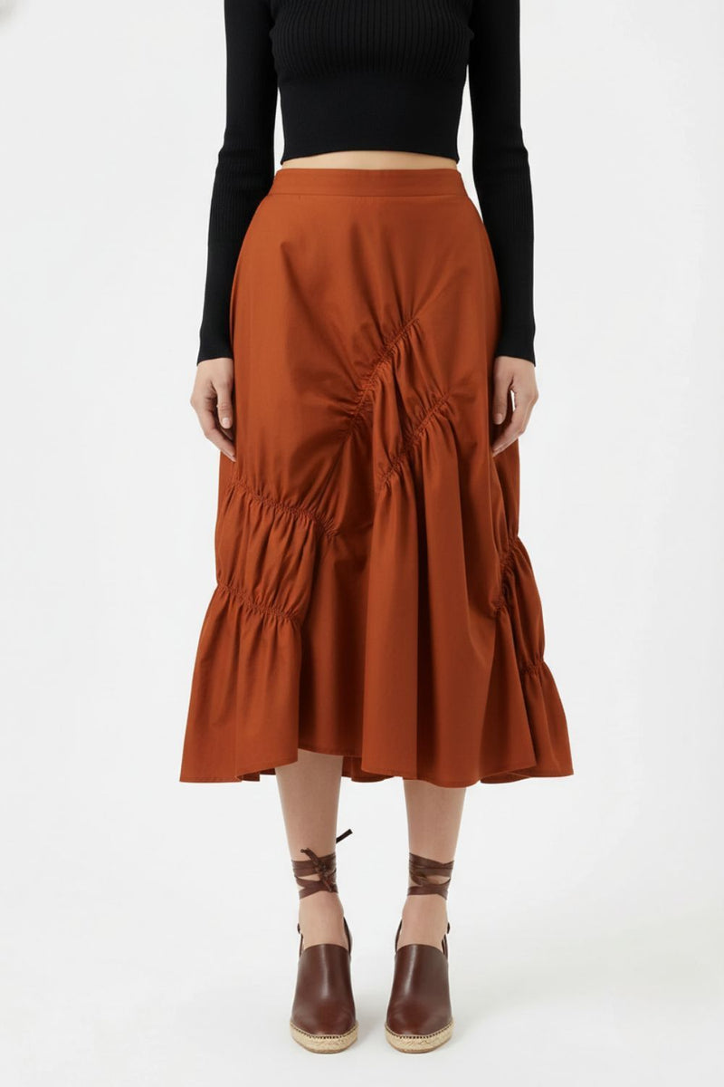 LIZZY RUST SKIRT patchwork by Doodlage in rust color for women in Singapore