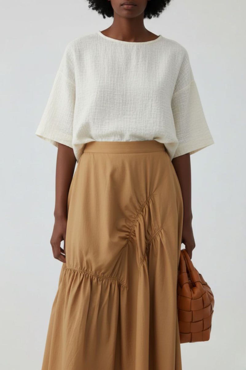 LIZZY BEIGE SKIRT patchwork by Doodlage in beige color for women in Singapore