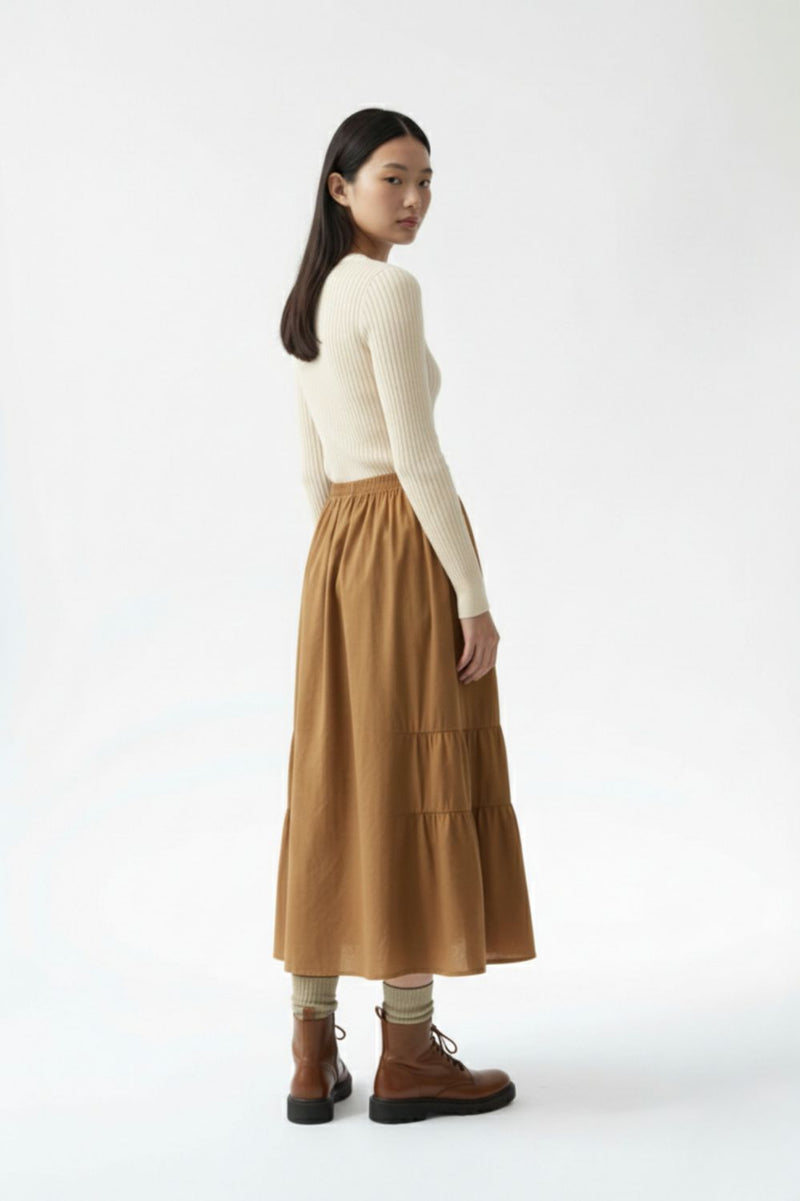 LIZZY BEIGE SKIRT patchwork by Doodlage in beige color for women in Singapore