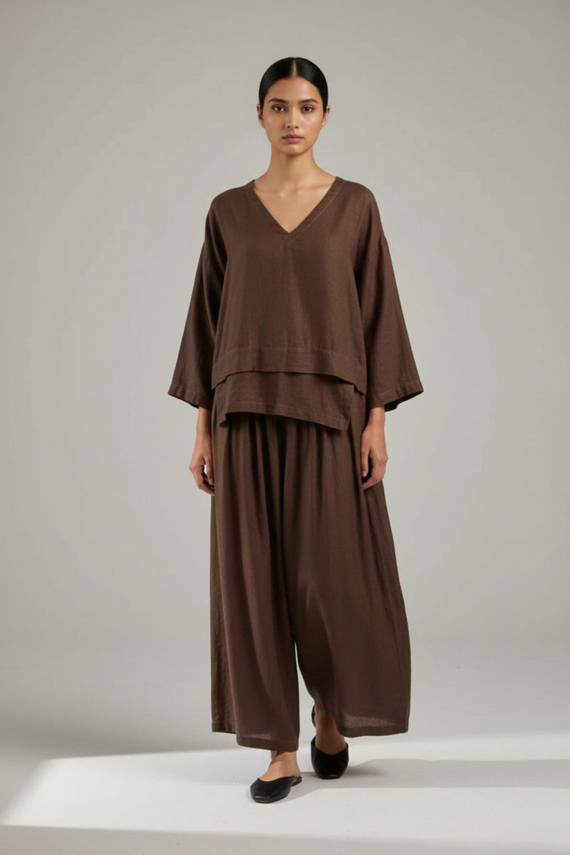 Savanna Brown Top linen by Doodlage in brown color for women in Singapore