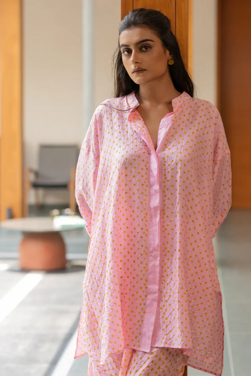 DOTS M BOX SHIRT-PINK silk by Dyelogue in pink color for women in Singapore