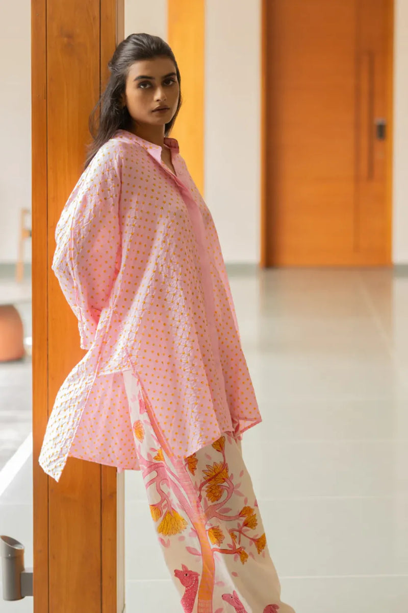 DOTS M BOX SHIRT-PINK silk by Dyelogue in pink color for women in Singapore