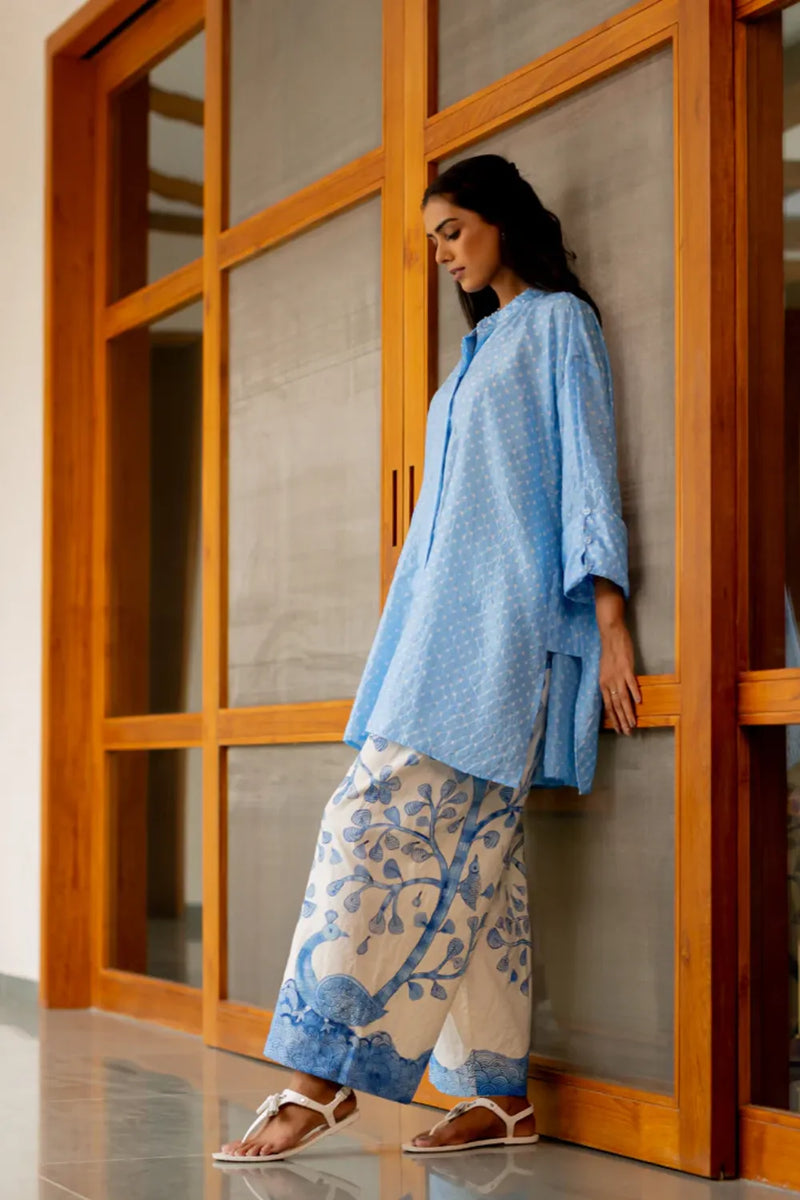 DOTS M BOX SHIRT-SKY BLUE silk by Dyelogue in blue color for women in Singapore