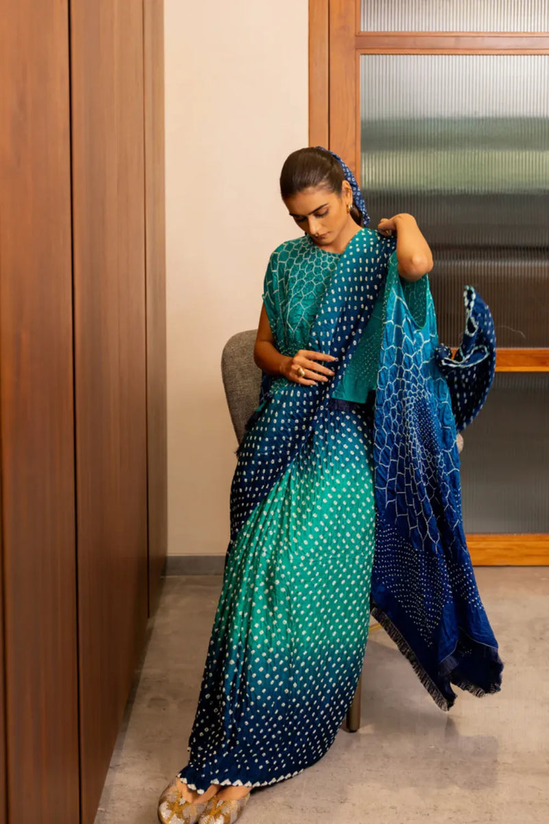 DOTS SHADED SAREE-BLUE GREEN SHADED silk by Dyelogue in multi color for women in Singapore