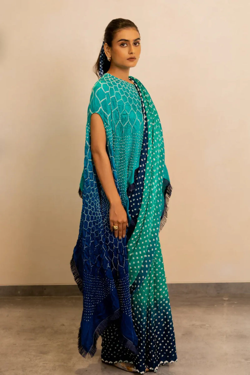 DOTS SHADED SAREE-BLUE GREEN SHADED silk by Dyelogue in multi color for women in Singapore