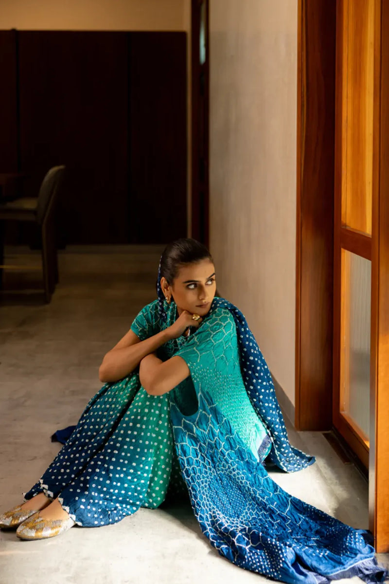 DOTS SHADED SAREE-BLUE GREEN SHADED silk by Dyelogue in multi color for women in Singapore