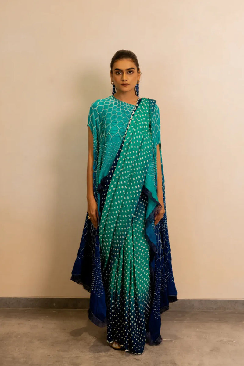 DOTS SHADED SAREE-BLUE GREEN SHADED silk by Dyelogue in multi color for women in Singapore
