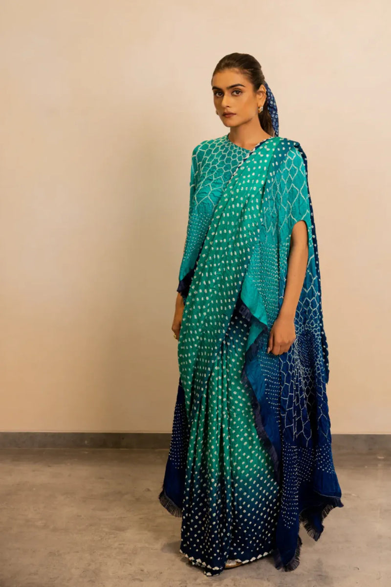 DOTS SHADED SAREE-BLUE GREEN SHADED silk by Dyelogue in multi color for women in Singapore