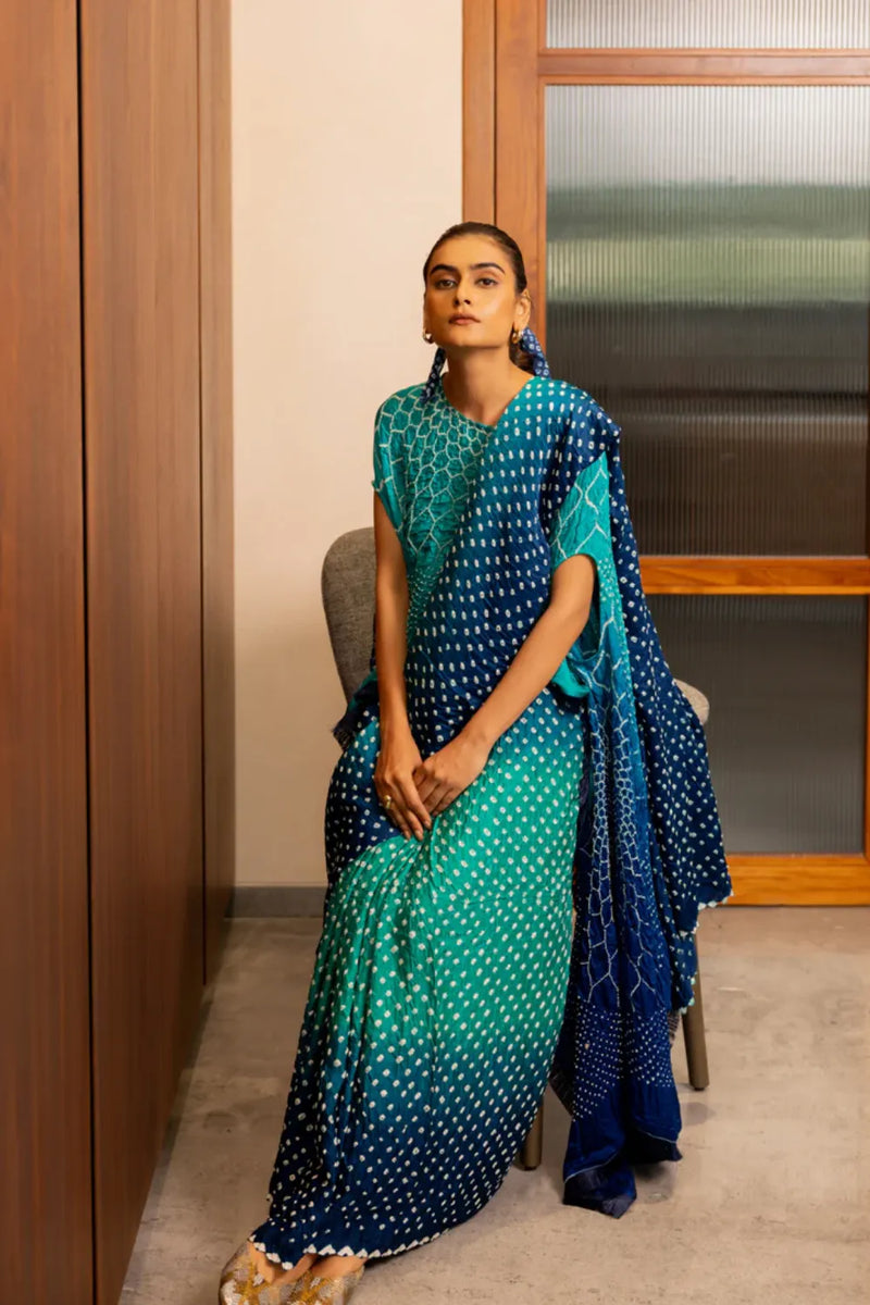 DOTS SHADED SAREE-BLUE GREEN SHADED silk by Dyelogue in multi color for women in Singapore