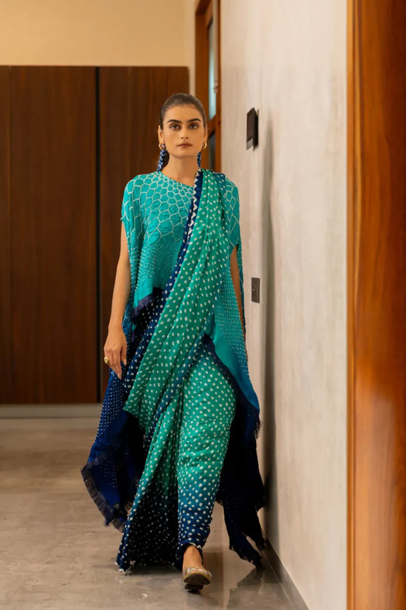 DOTS SHADED SAREE-BLUE GREEN SHADED silk by Dyelogue in multi color for women in Singapore