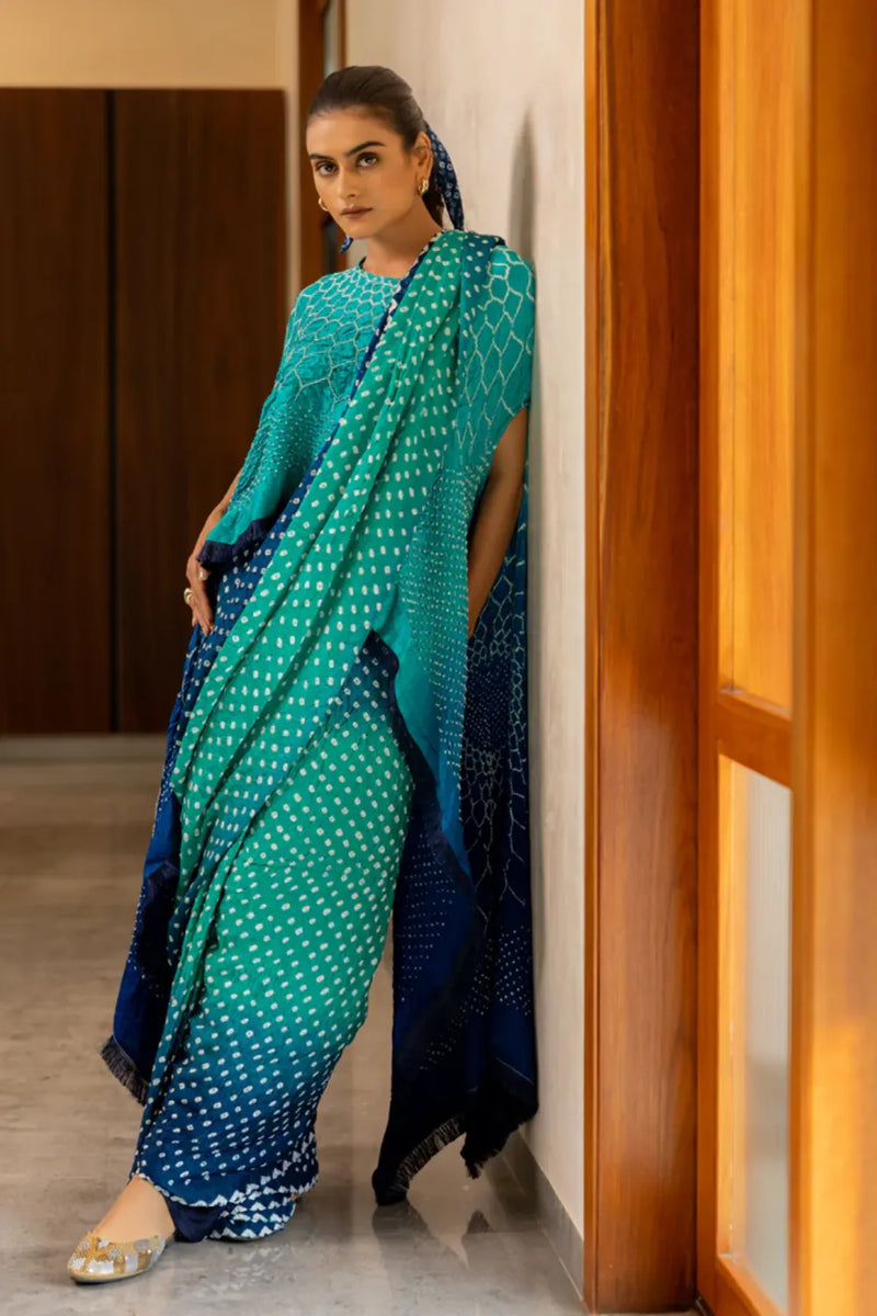 DOTS SHADED SAREE-BLUE GREEN SHADED silk by Dyelogue in multi color for women in Singapore