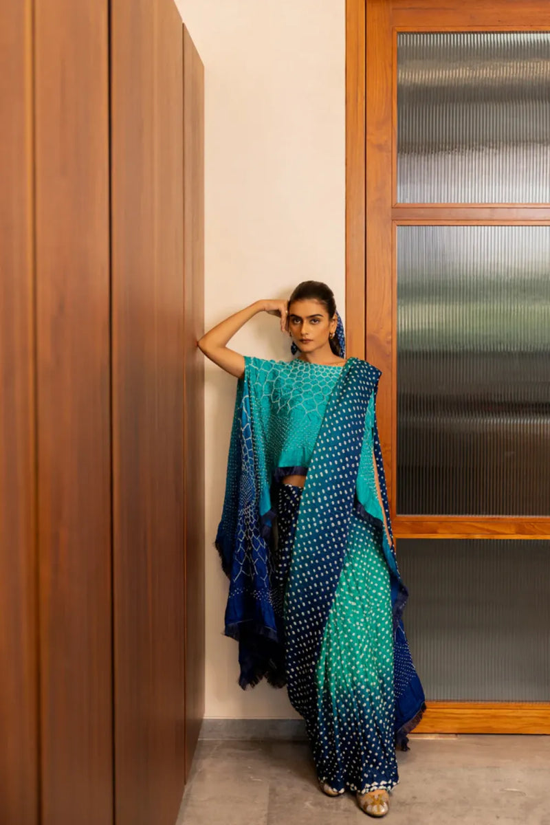 DOTS SHADED SAREE-BLUE GREEN SHADED silk by Dyelogue in multi color for women in Singapore
