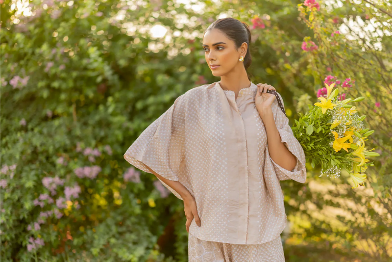 DOTS SHORT M KAF SHIRT-BEIGE silk by Dyelogue in beige color for women in Singapore