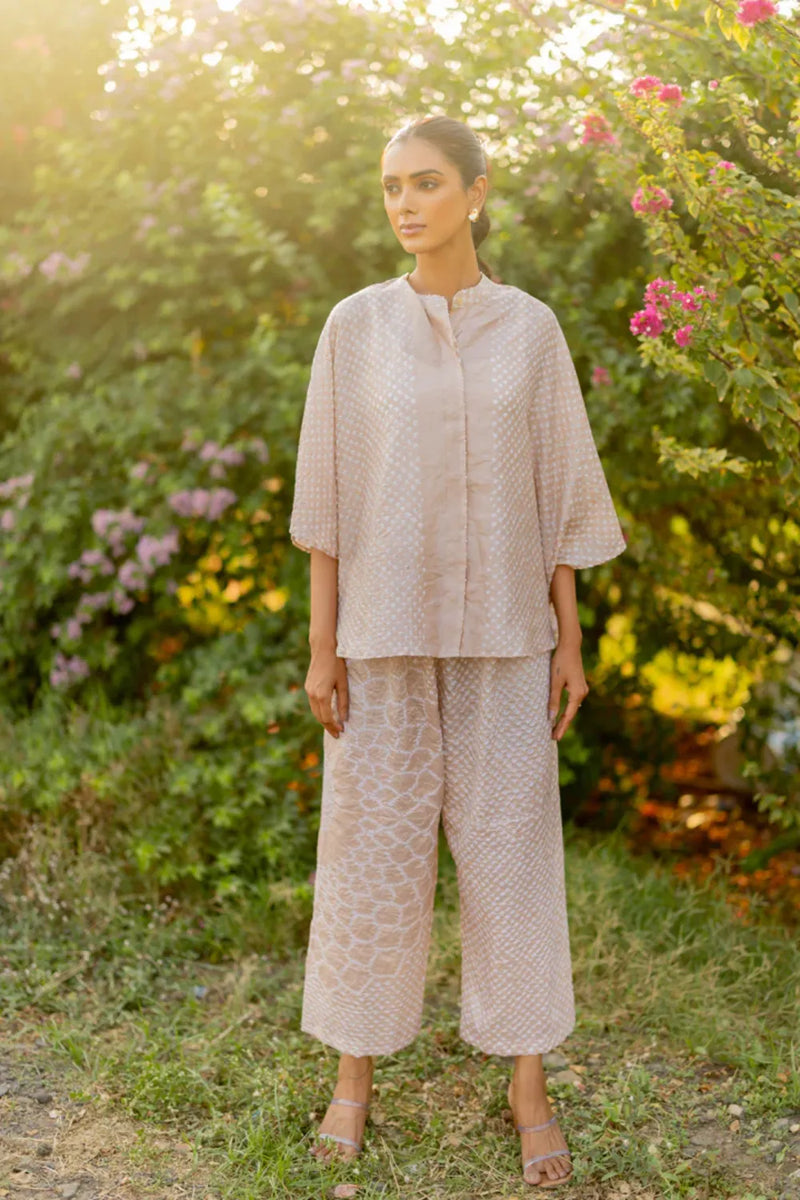 DOTS SHORT M KAF SHIRT-BEIGE silk by Dyelogue in beige color for women in Singapore