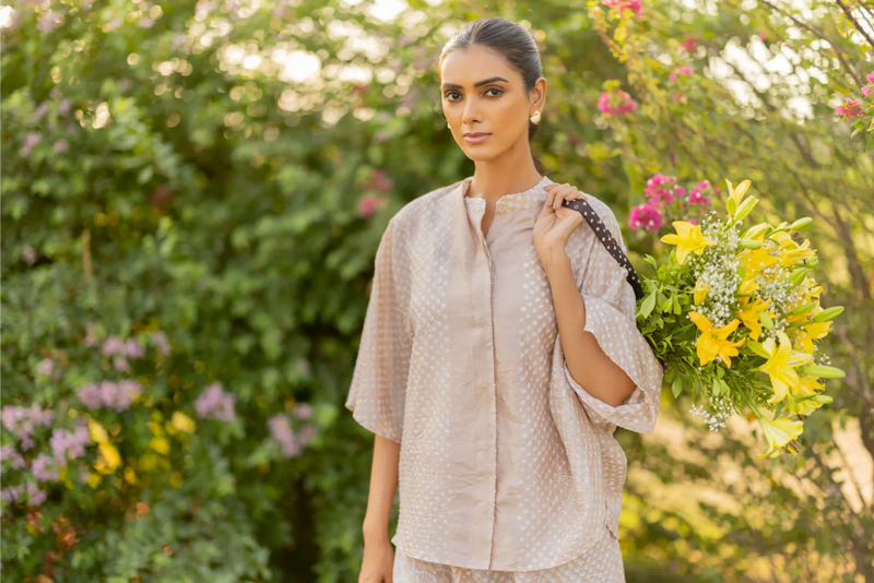 DOTS SHORT M KAF SHIRT-BEIGE silk by Dyelogue in beige color for women in Singapore
