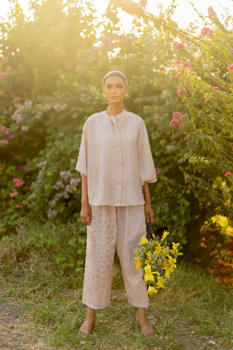 DOTS SHORT M KAF SHIRT-BEIGE silk by Dyelogue in beige color for women in Singapore