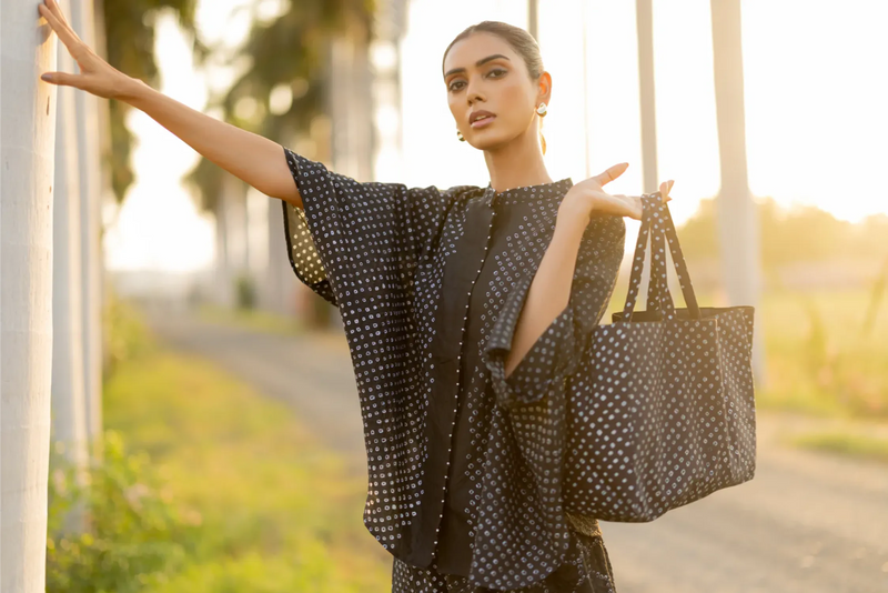 DOTS SHORT M KAF SHIRT-BLACK silk by Dyelogue in black color for women in Singapore