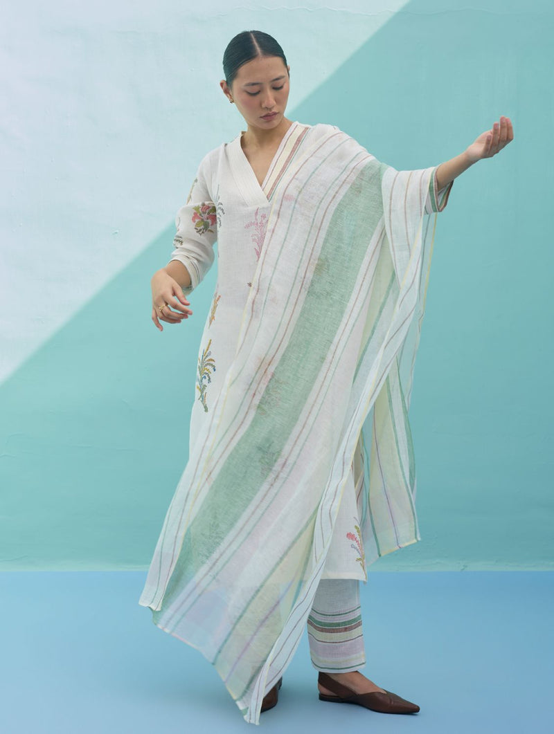 Rava Border Linen Stripe Dupatta - Ivory linen dupatta by Manan in ivory for women in Singapore