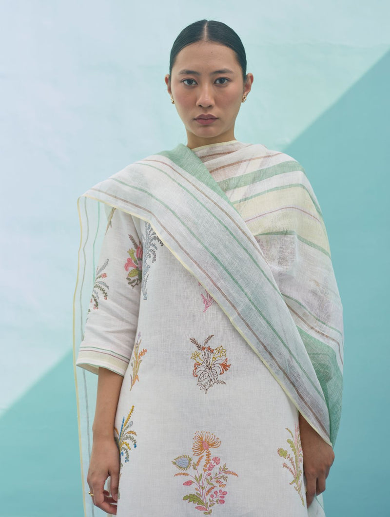 Rava Border Linen Stripe Dupatta - Ivory linen dupatta by Manan in ivory for women in Singapore