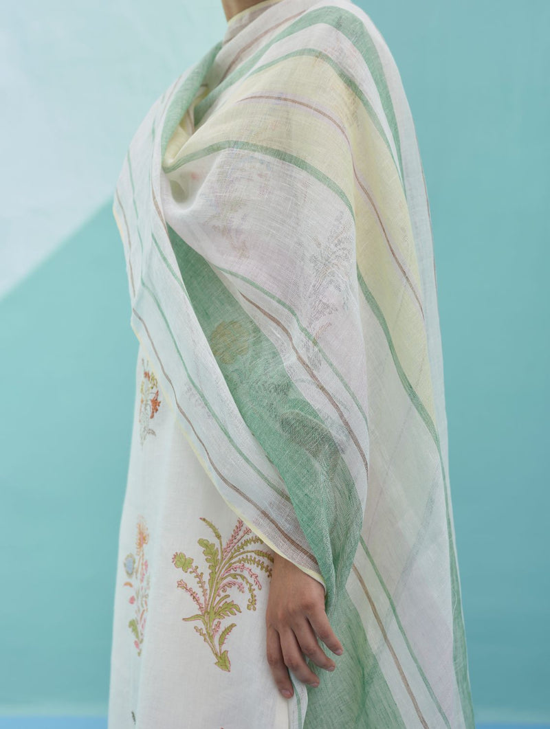 Rava Border Linen Stripe Dupatta - Ivory linen dupatta by Manan in ivory for women in Singapore