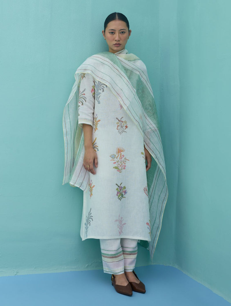 Rava Border Linen Stripe Dupatta - Ivory linen dupatta by Manan in ivory for women in Singapore