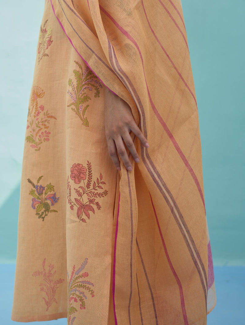 Rava Border Linen Stripe Dupatta - Apricot linen dupatta by Manan in apricot for women in Singapore
