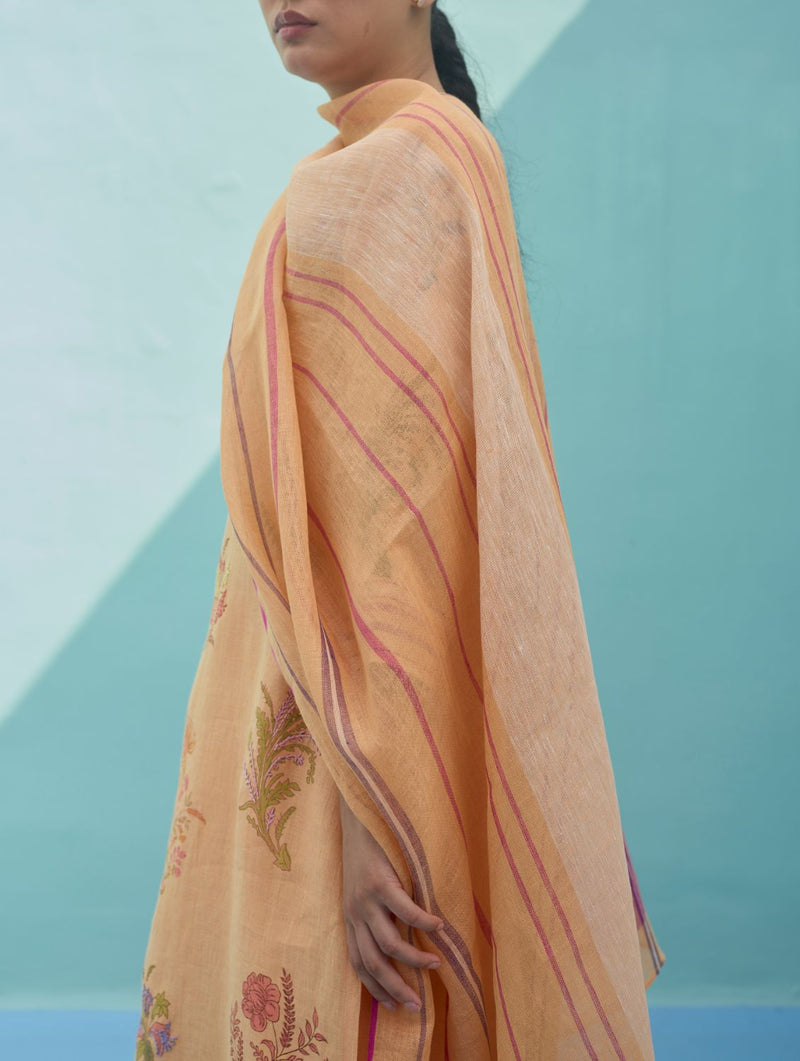 Rava Border Linen Stripe Dupatta - Apricot linen dupatta by Manan in apricot for women in Singapore