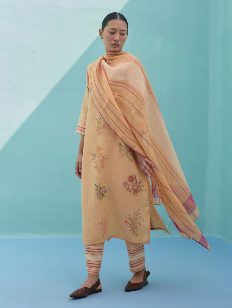 Rava Border Linen Stripe Dupatta - Apricot linen dupatta by Manan in apricot for women in Singapore