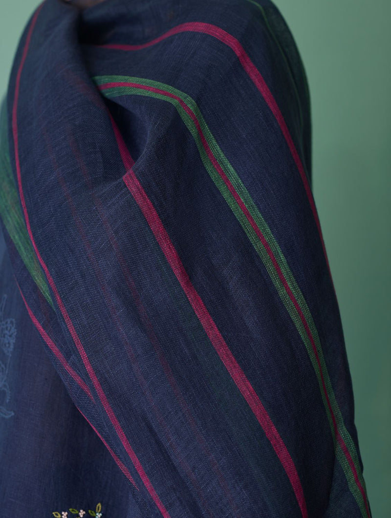 Rava Border Linen Stripe Dupatta - Indigo linen dupatta by Manan in navy for women in Singapore