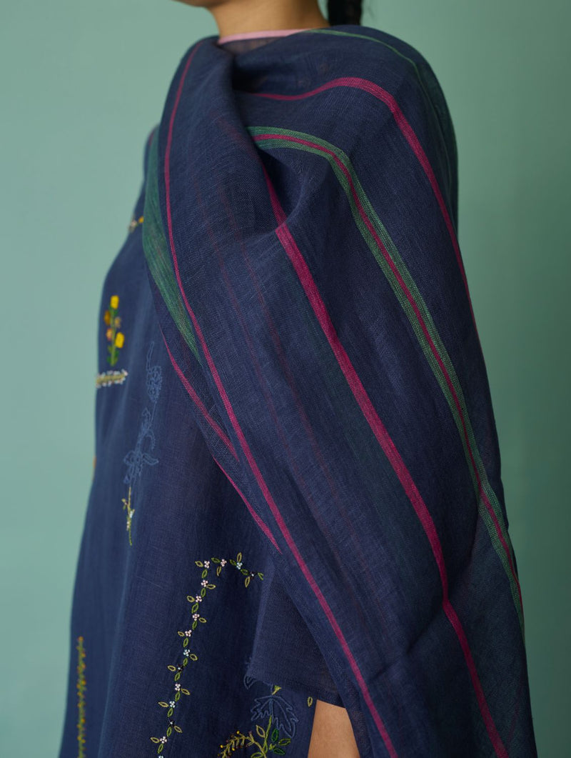 Rava Border Linen Stripe Dupatta - Indigo linen dupatta by Manan in navy for women in Singapore