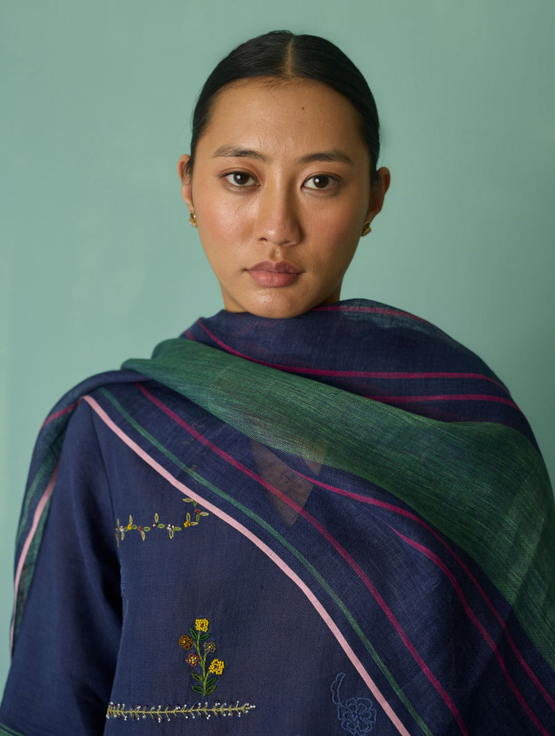 Rava Border Linen Stripe Dupatta - Indigo linen dupatta by Manan in navy for women in Singapore