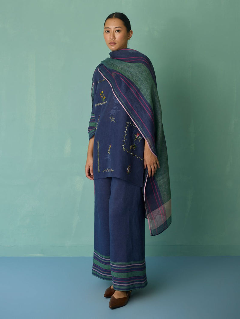 Rava Border Linen Stripe Dupatta - Indigo linen dupatta by Manan in navy for women in Singapore
