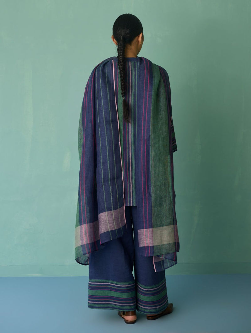 Rava Border Linen Stripe Dupatta - Indigo linen dupatta by Manan in navy for women in Singapore